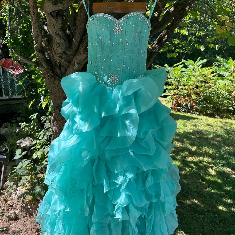 Turquoise Strapless Ruffled Gown
